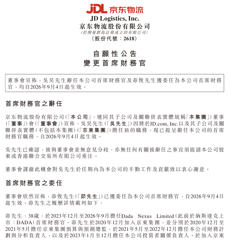 六郃彩：京東物流 CFO 換人：吳昊擔任京東集團新職務，茆俊接任